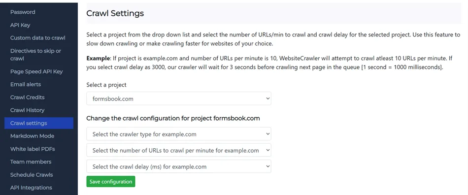 website crawler settings